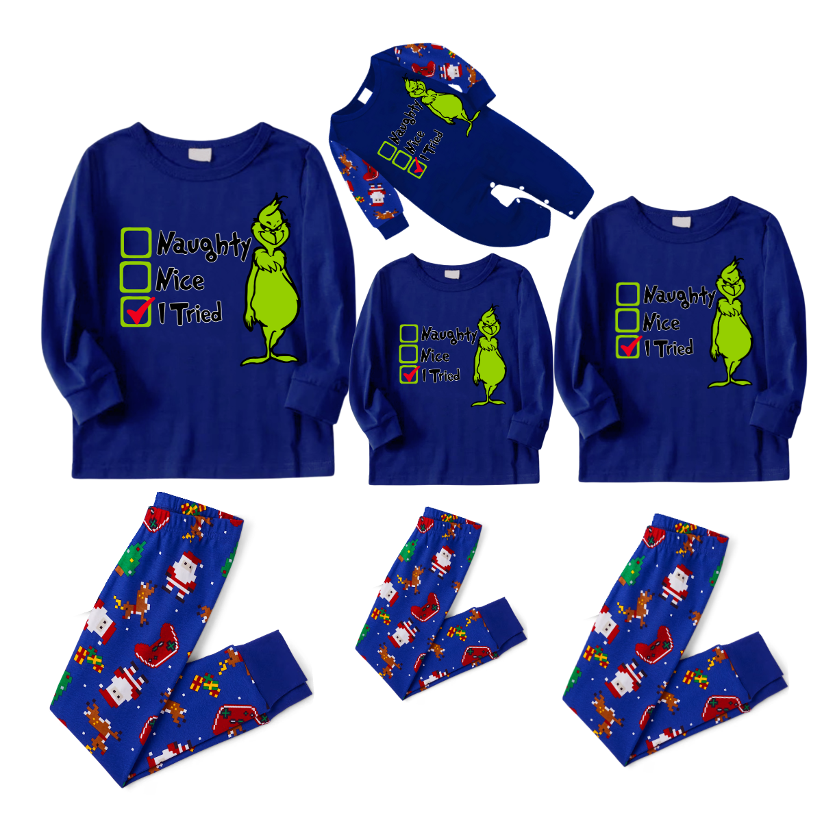 I Tried Christmas Pajama Set with Grinch and Santa Patterns