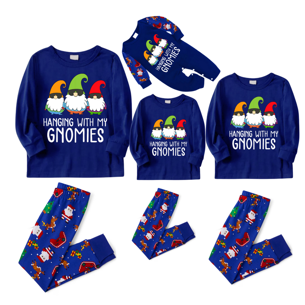 Hanging With My Gnomies Christmas 2026 Family Pajamas Set - Blue Top, Blue Pants, Blue Christmas Cartoon Sleeves