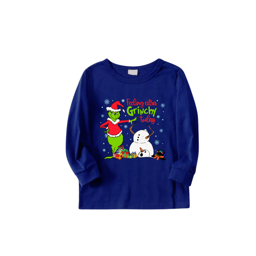 Cozy Blue Christmas Pajamas Set With Grinch and Snowman Print