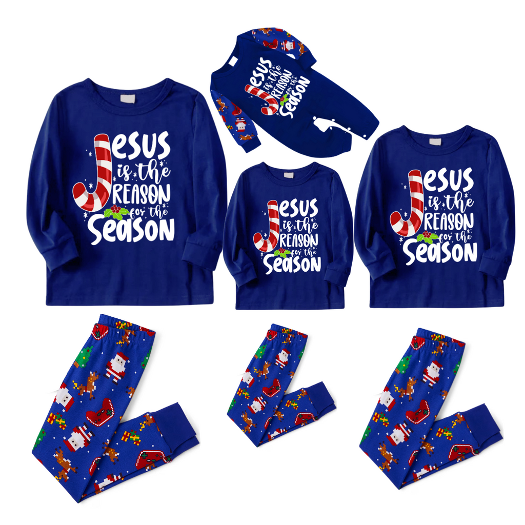 Blue Christmas Pajama Set with Santa, Gingerbread, and Candy Cane Design
