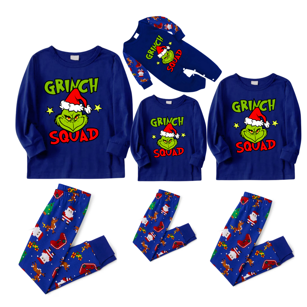 Grinch Squad Family Christmas Pajamas - Blue Santa Pattern