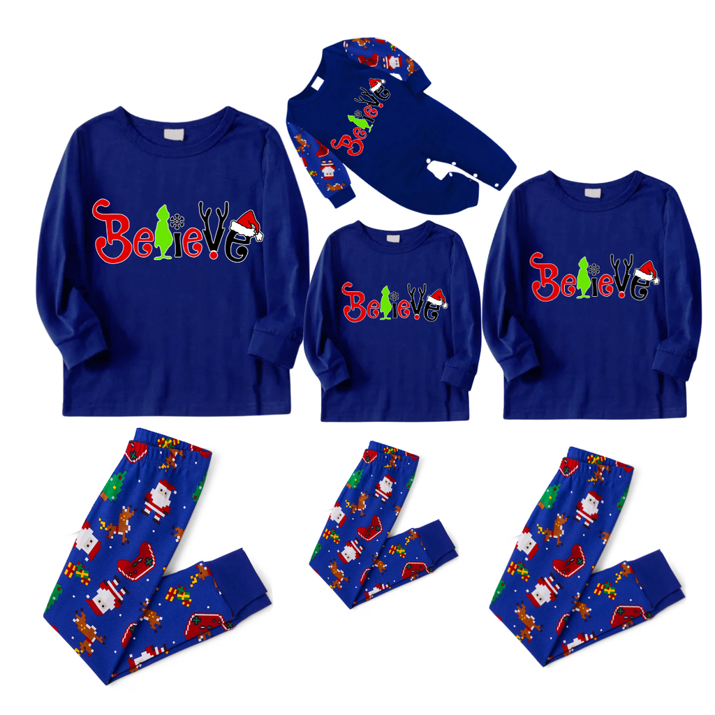 Believe Letter Print Family Pajamas Set - Blue Top, Blue Pants, Christmas Cartoon Pattern