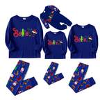 Believe Letter Print Family Pajamas Set - Blue Top, Blue Pants, Christmas Cartoon Pattern