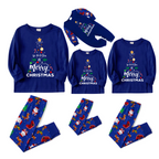 We Wish You a Merry Christmas Family Pajamas Set - Blue Top / Santa and Reindeer Print Blue Pants / Matching Blue Sleeves