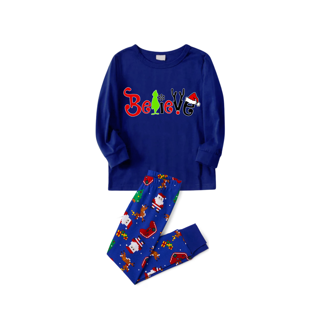 Believe Letter Print Family Pajamas Set - Blue Top, Blue Pants, Christmas Cartoon Pattern
