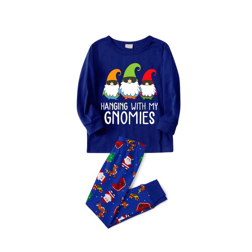 Hanging With My Gnomies Christmas 2026 Family Pajamas Set - Blue Top, Blue Pants, Blue Christmas Cartoon Sleeves