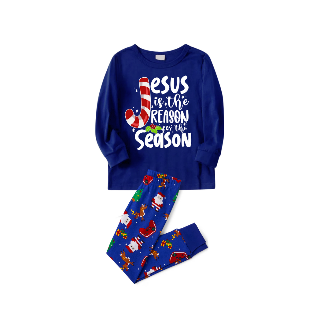 Blue Christmas Pajama Set with Santa, Gingerbread, and Candy Cane Design