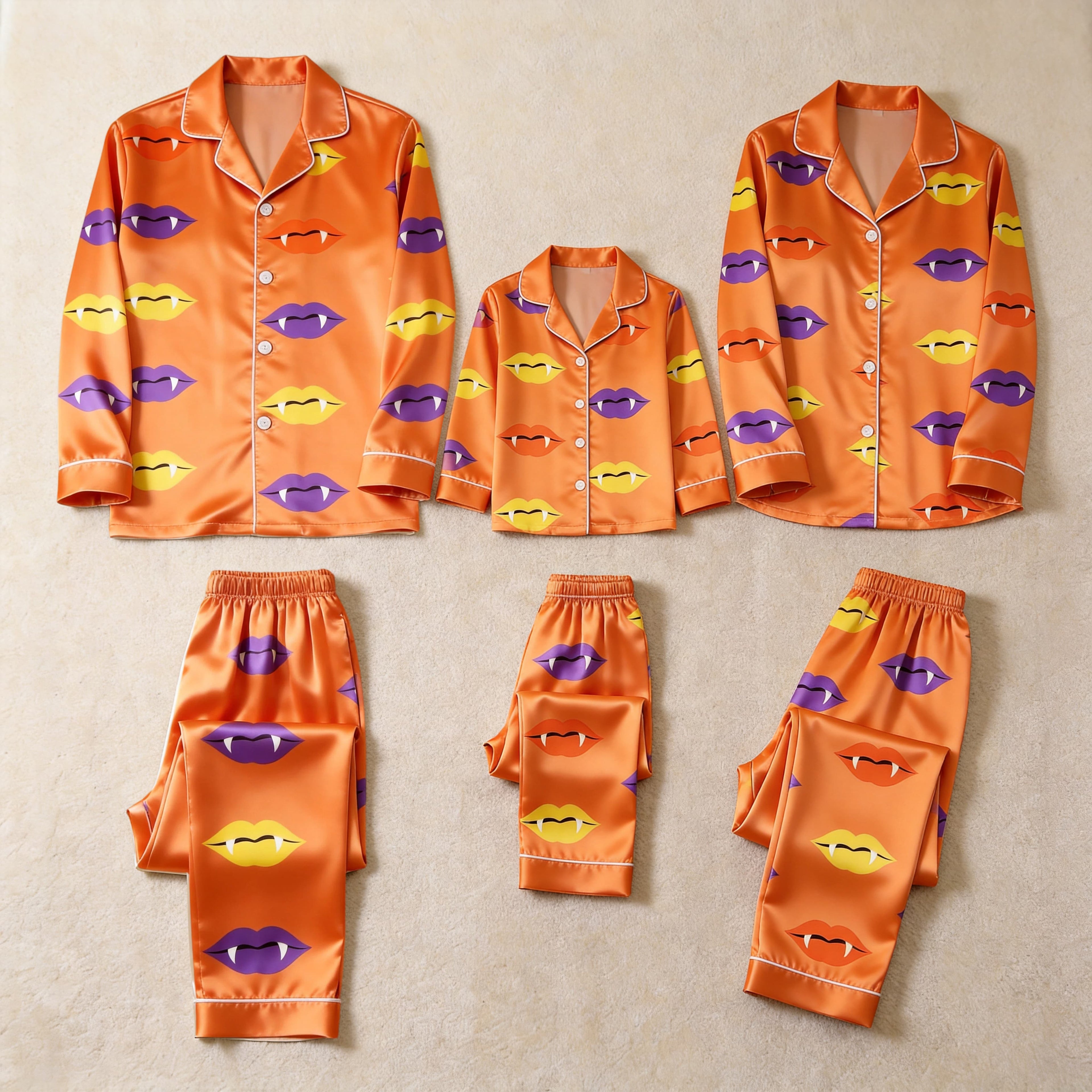 Orange Vampire Lips & Fangs Print Satin Button-Up Family Halloween Pajamas Set