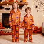 Orange Vampire Lips & Fangs Print Satin Button-Up Family Halloween Pajamas Set