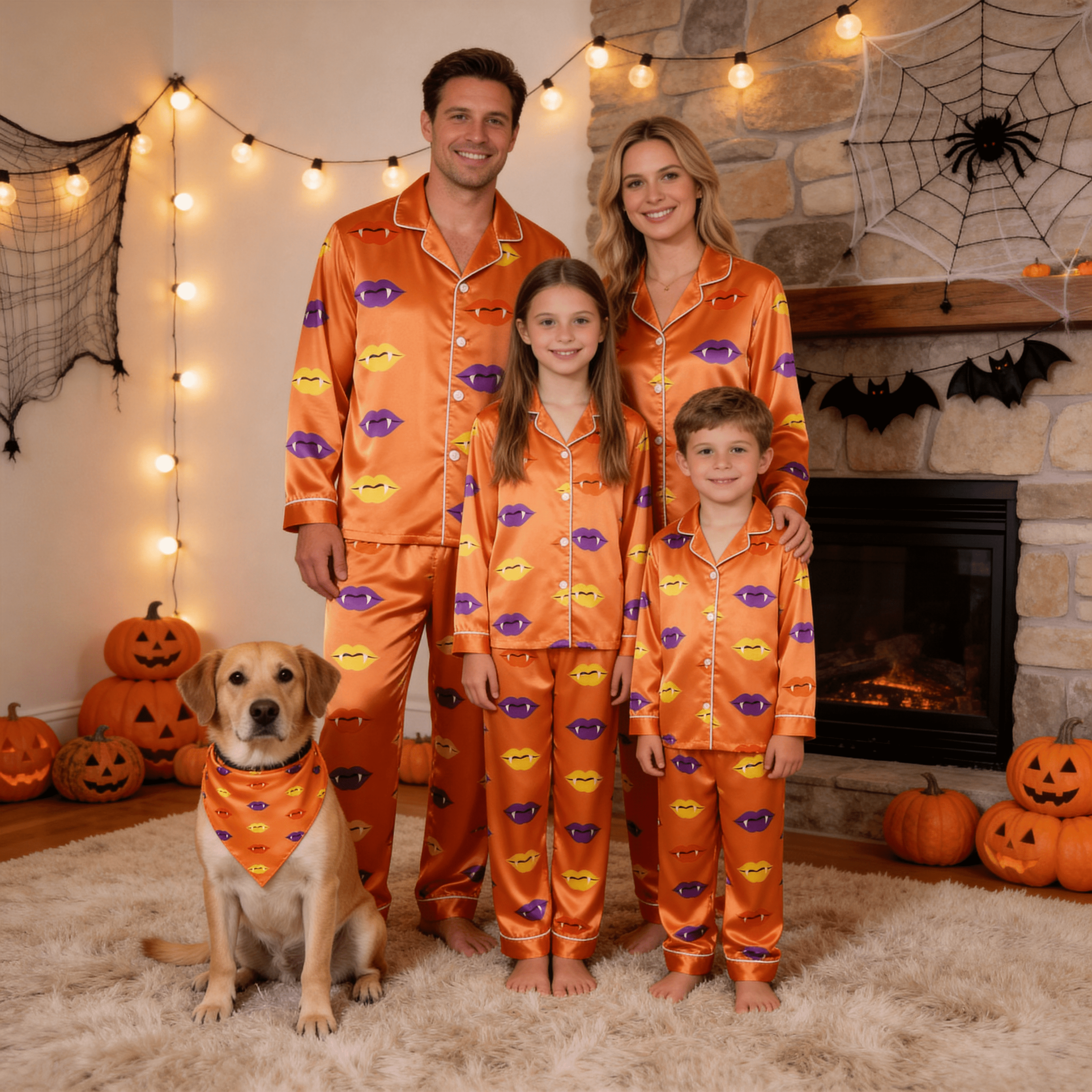 Orange Vampire Lips & Fangs Print Satin Button-Up Family Halloween Pajamas Set