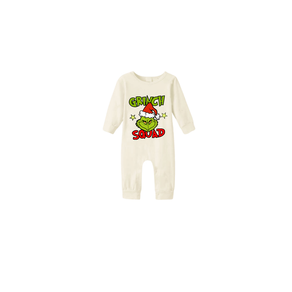 Beige Christmas Pattern Print Christmas Pajamas Set With Grinch and "Grinch Squad" Print