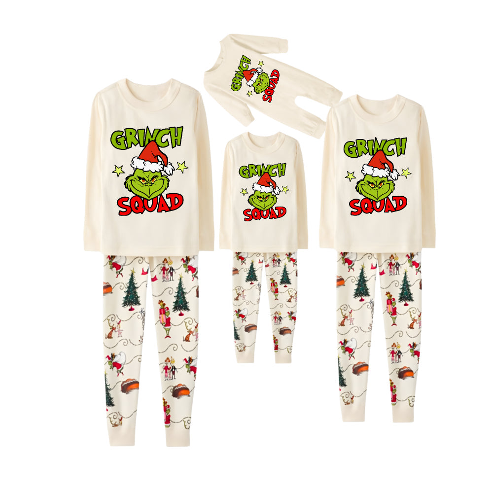 Beige Christmas Pattern Print Christmas Pajamas Set With Grinch and "Grinch Squad" Print