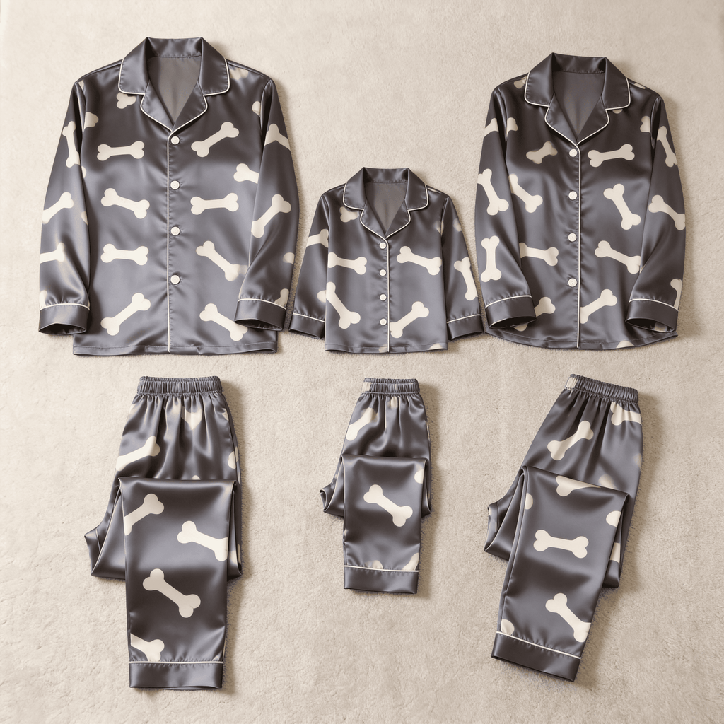 Dark Grey Bone Print Satin Button-Up Family Halloween Pajamas Set