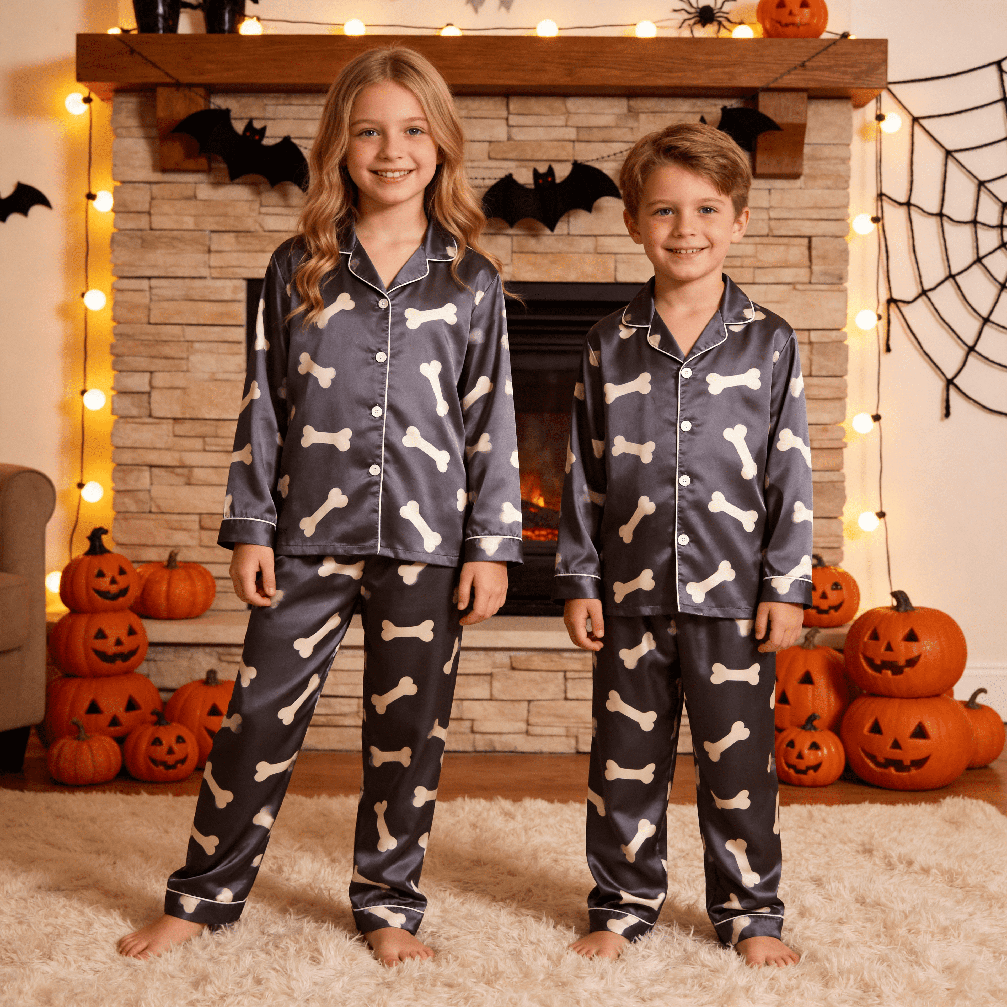 Dark Grey Bone Print Satin Button-Up Family Halloween Pajamas Set