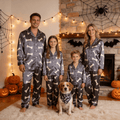 Dark Grey Bone Print Satin Button-Up Family Halloween Pajamas Set