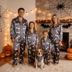 Dark Grey Bone Print Satin Button-Up Family Halloween Pajamas Set