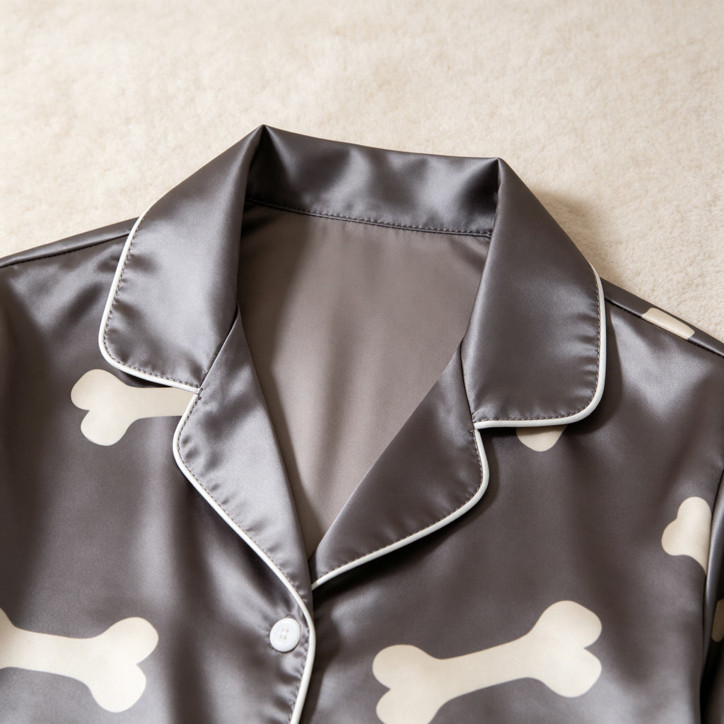 Dark Grey Bone Print Satin Button-Up Family Halloween Pajamas Set