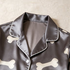 Dark Grey Bone Print Satin Button-Up Family Halloween Pajamas Set