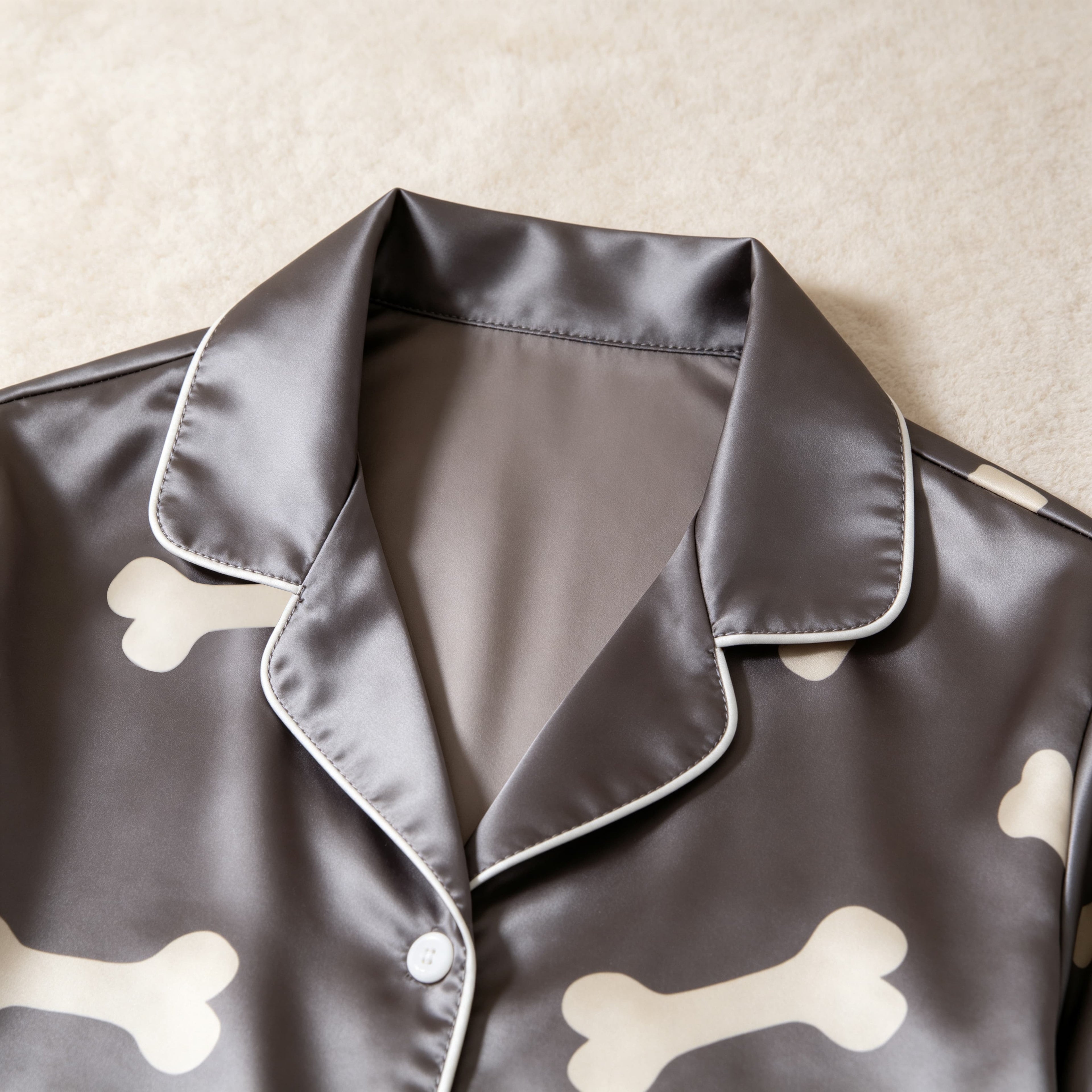Dark Grey Bone Print Satin Button-Up Family Halloween Pajamas Set