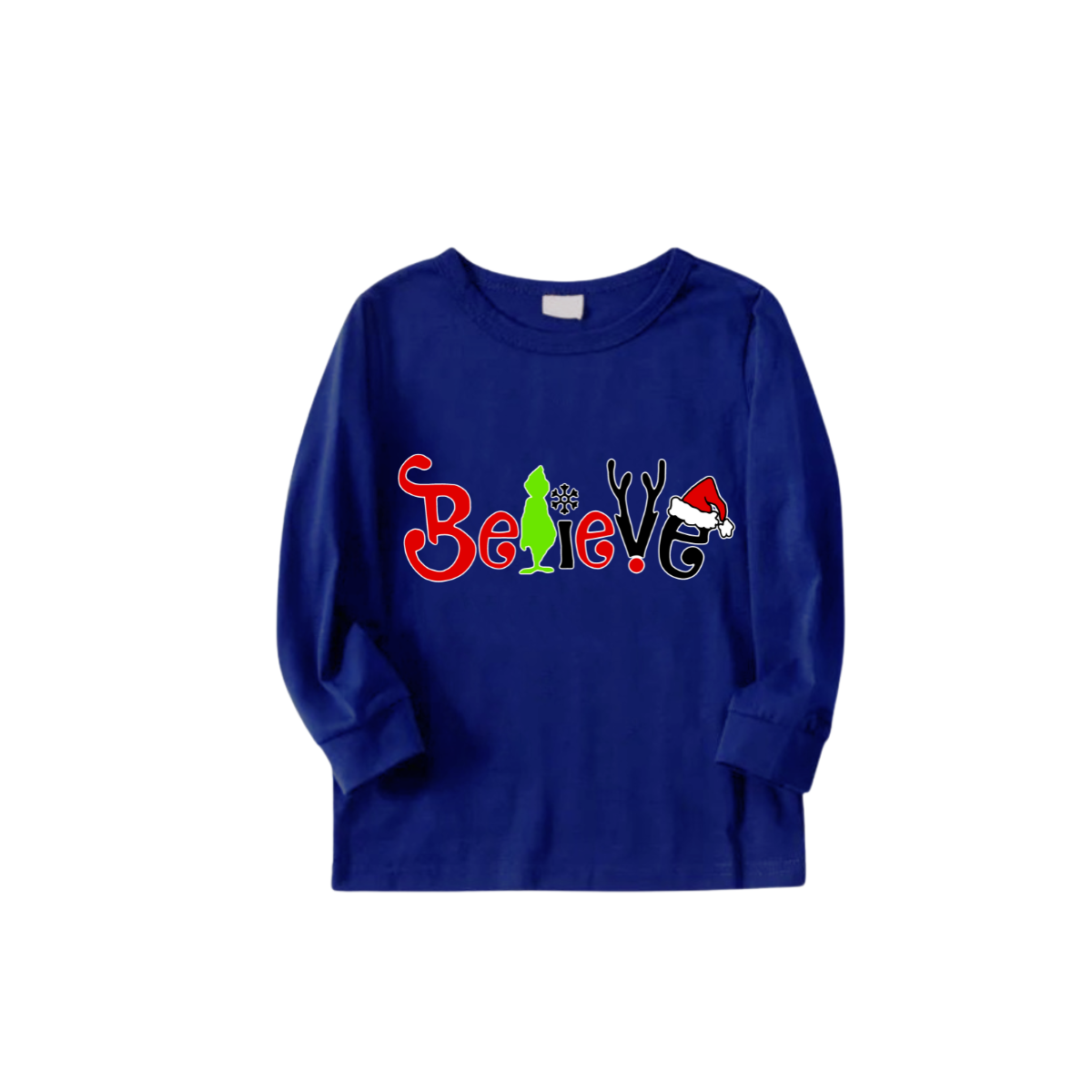 Believe Letter Print Family Pajamas Set - Blue Top, Blue Pants, Christmas Cartoon Pattern