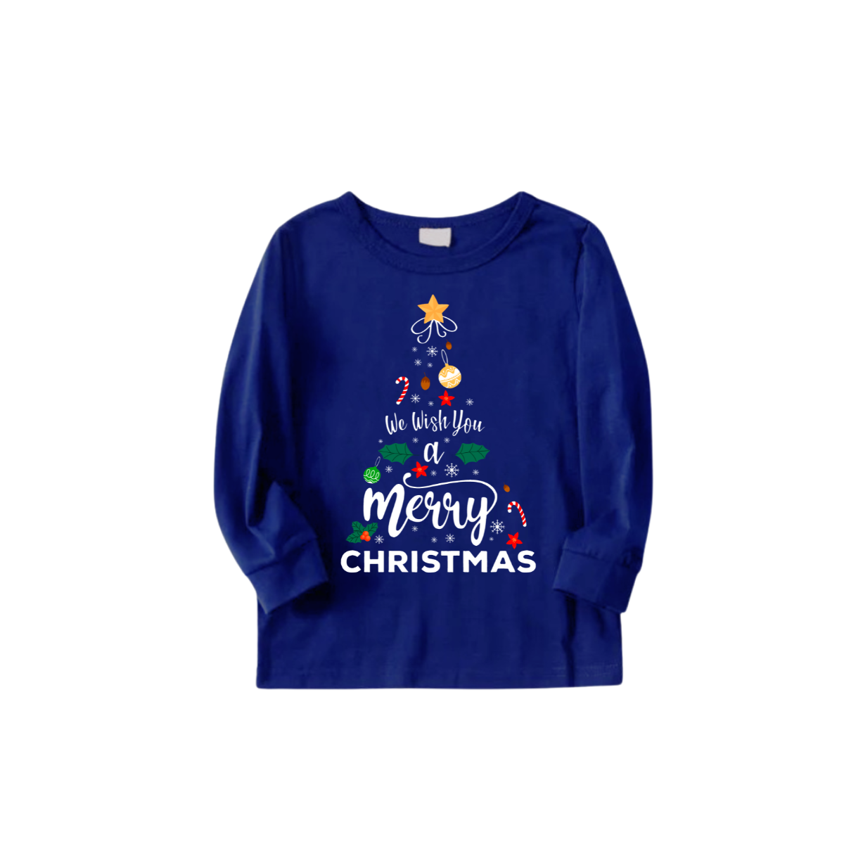 We Wish You a Merry Christmas Family Pajamas Set - Blue Top / Santa and Reindeer Print Blue Pants / Matching Blue Sleeves
