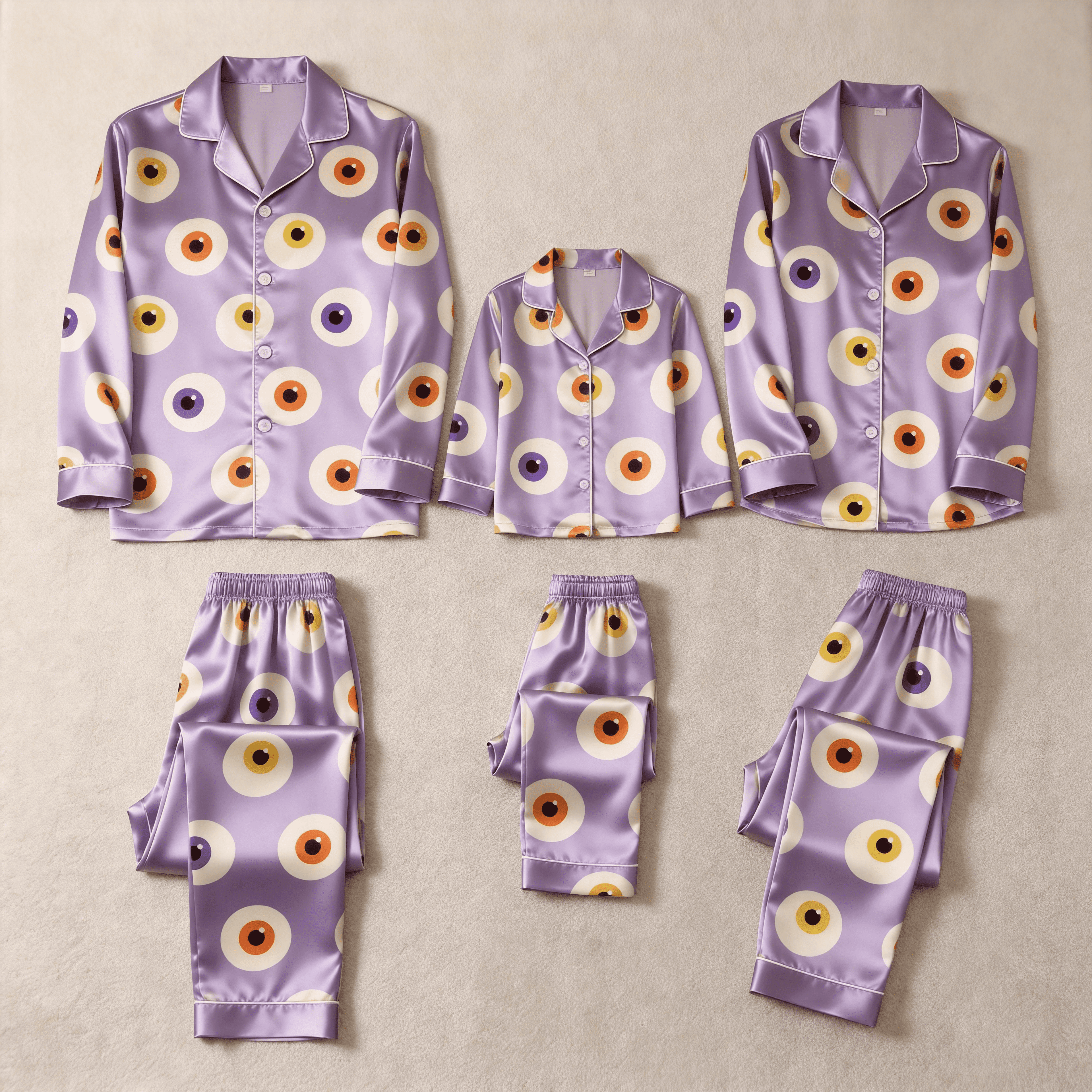 Purple Eyeball Print Satin Button-Up Family Halloween Pajamas Set