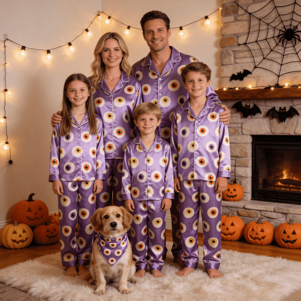 Purple Eyeball Print Satin Button-Up Family Halloween Pajamas Set