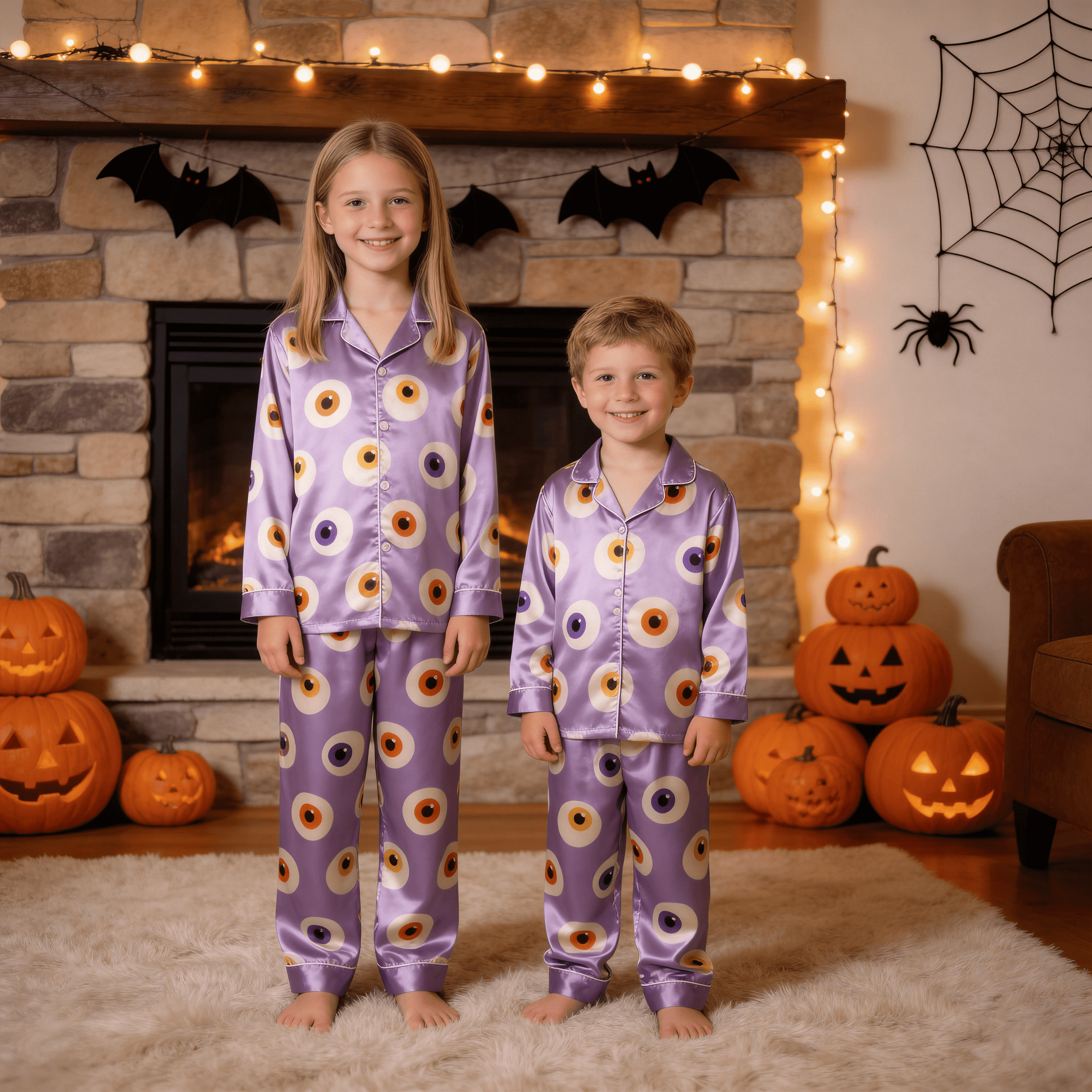 Purple Eyeball Print Satin Button-Up Family Halloween Pajamas Set