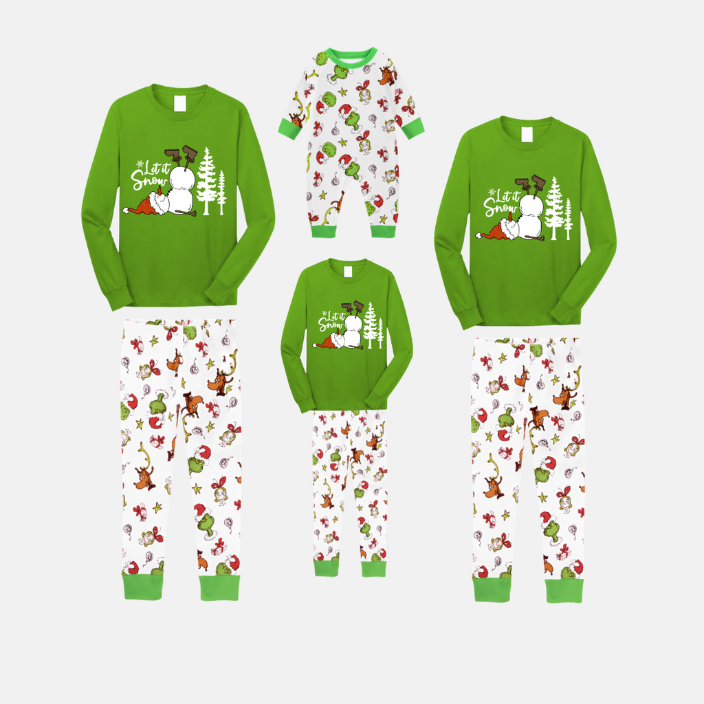 Let It Snow Family Christmas Pajamas - Green Cartoon Print