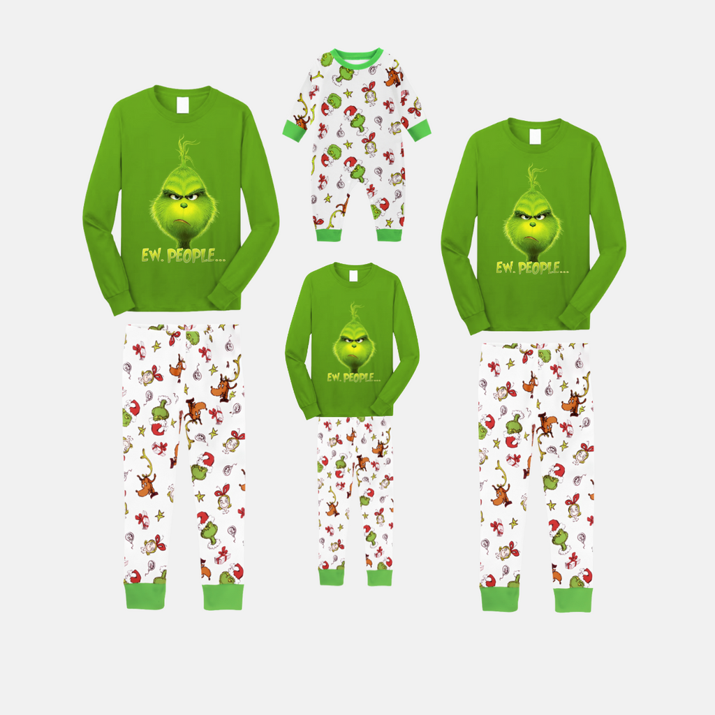 Grinch Ew, People Family Christmas Pajamas Green Reindeer Print