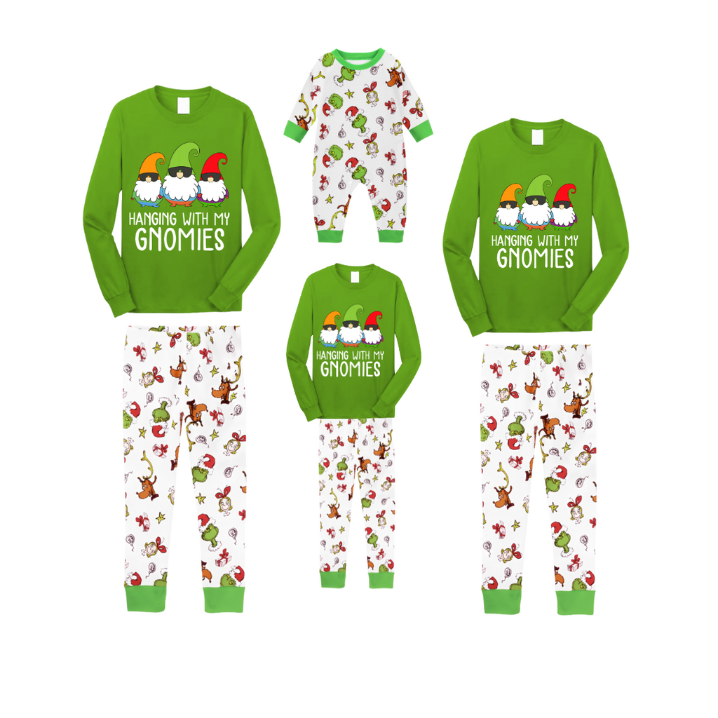 Hanging With My Gnomies Christmas 2026 Family Pajamas Set - Green Top, White Pants, White Christmas Cartoon Print