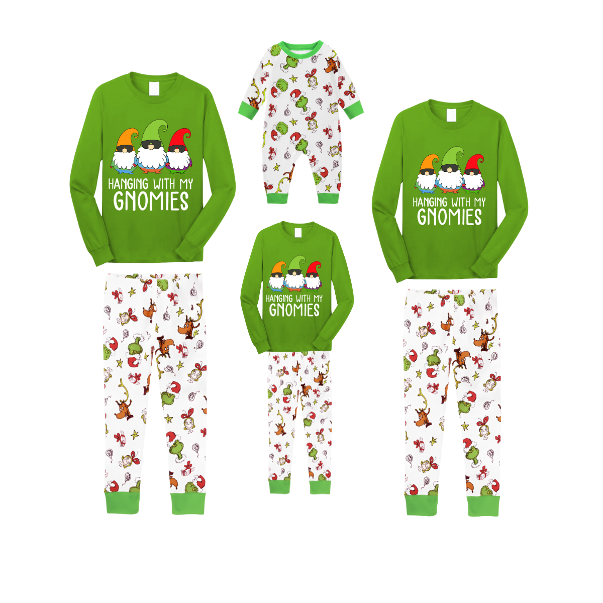 Hanging With My Gnomies Christmas 2026 Family Pajamas Set - Green Top, White Pants, White Christmas Cartoon Print