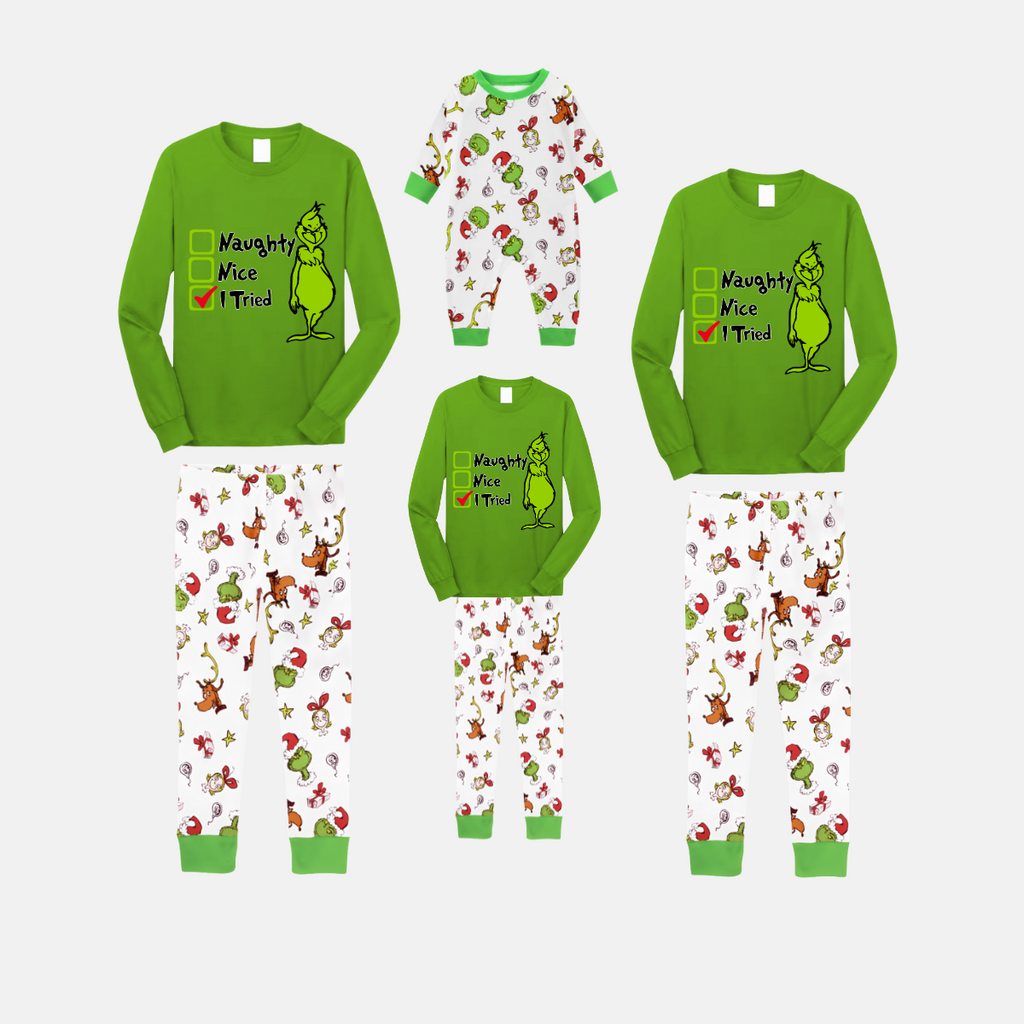 Grinch Holiday Pajama Set with Naughty/Nice Checklist and Christmas Characters