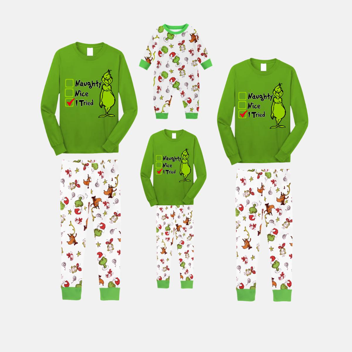 Grinch Holiday Pajama Set with Naughty/Nice Checklist and Christmas Characters