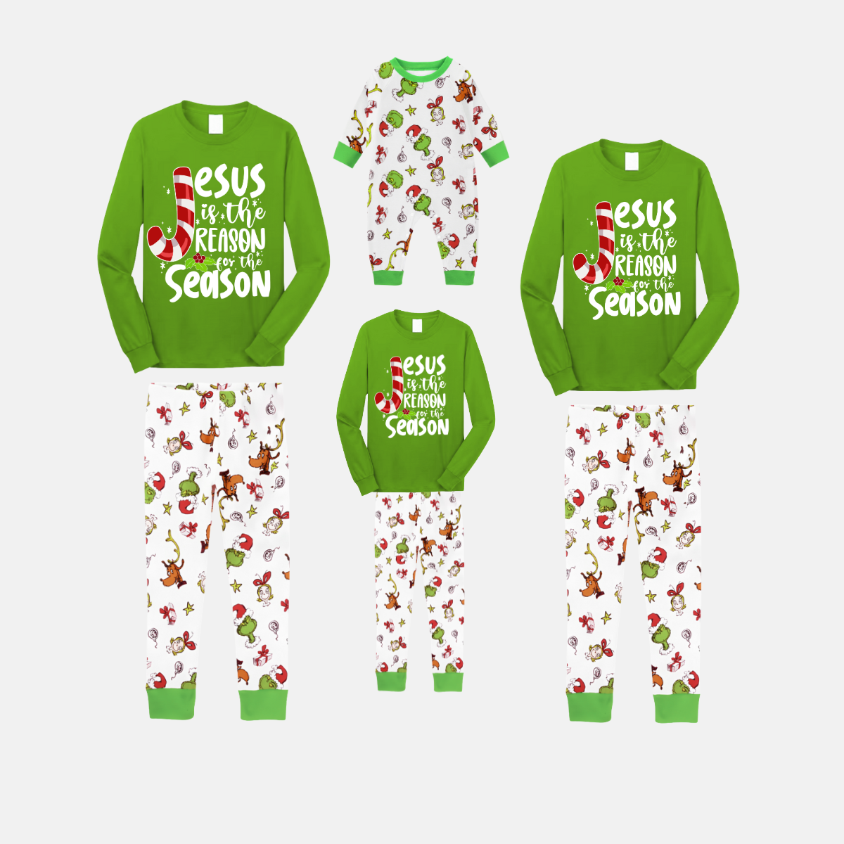 Fun Christmas Pajama Set in Green with Santa, Gingerbread, and Candy Cane