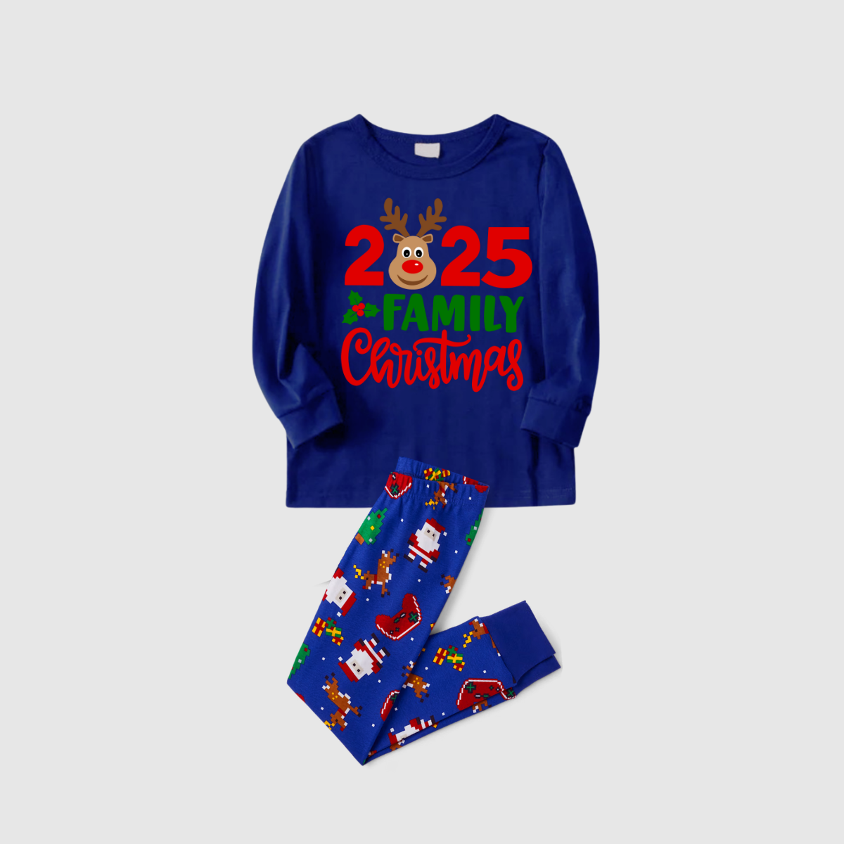 2025 Family Matching Christmas Pajamas -Navy Blue Top & Santa Print Pants