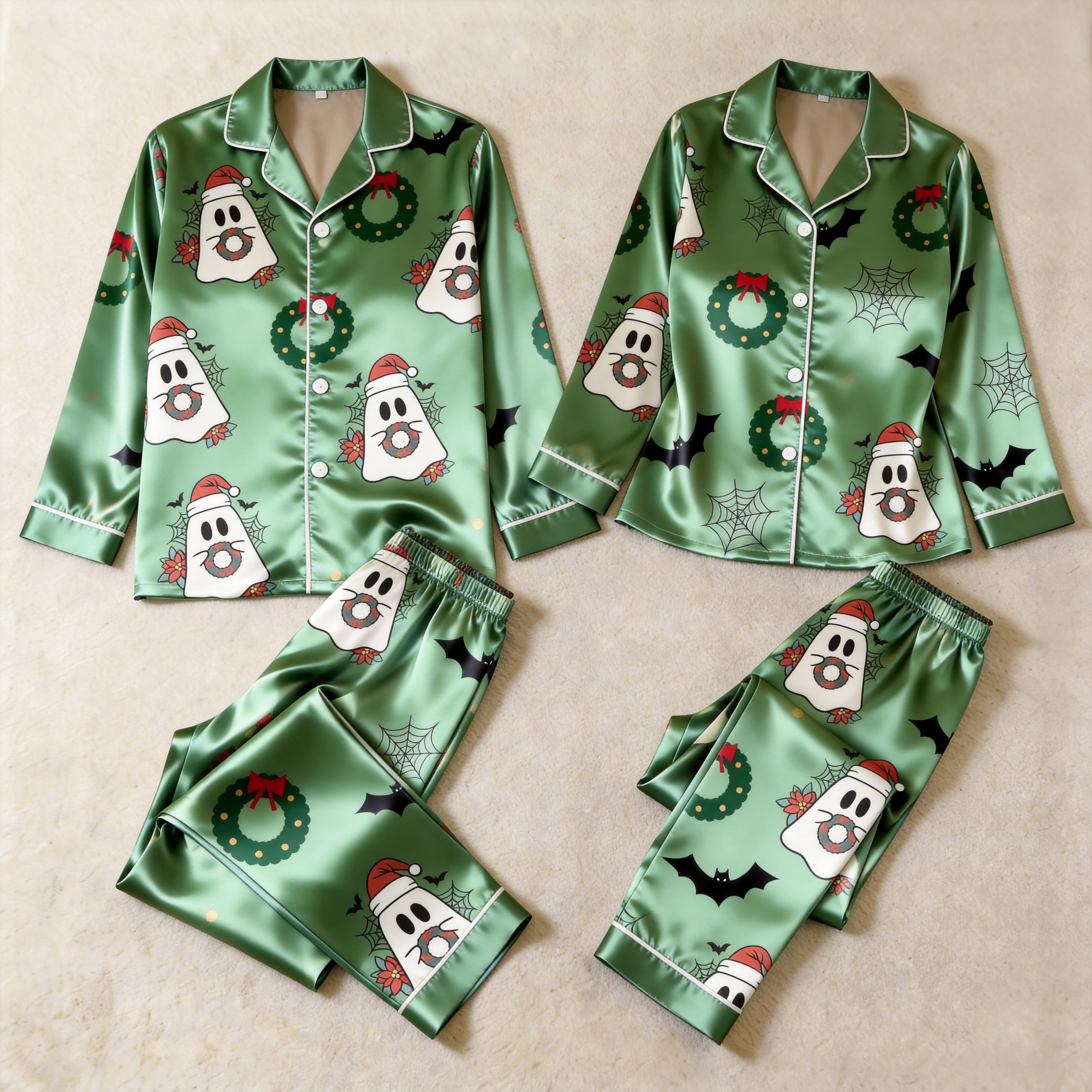 Spooky Holiday Print Satin Matching Pajamas for Couples ¨C Long Sleeve Button-Down Top & Pants Sleepwear Set