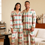 Snowflake Plaid Satin Matching Pajamas for Couples – Long Sleeve Button-Down Top & Pants Sleepwear Set