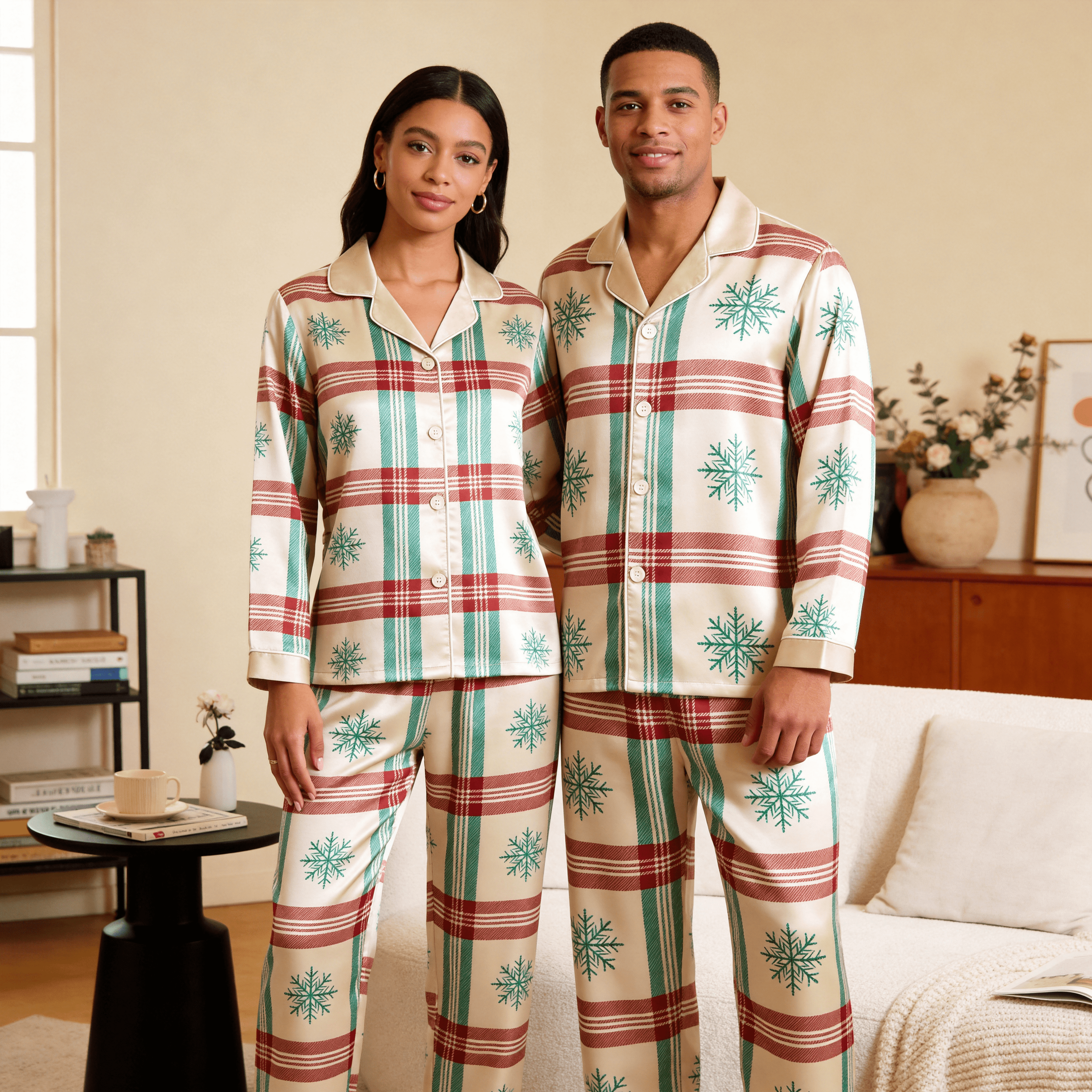 Snowflake Plaid Satin Matching Pajamas for Couples – Long Sleeve Button-Down Top & Pants Sleepwear Set