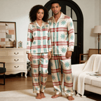 Snowflake Plaid Satin Matching Pajamas for Couples – Long Sleeve Button-Down Top & Pants Sleepwear Set