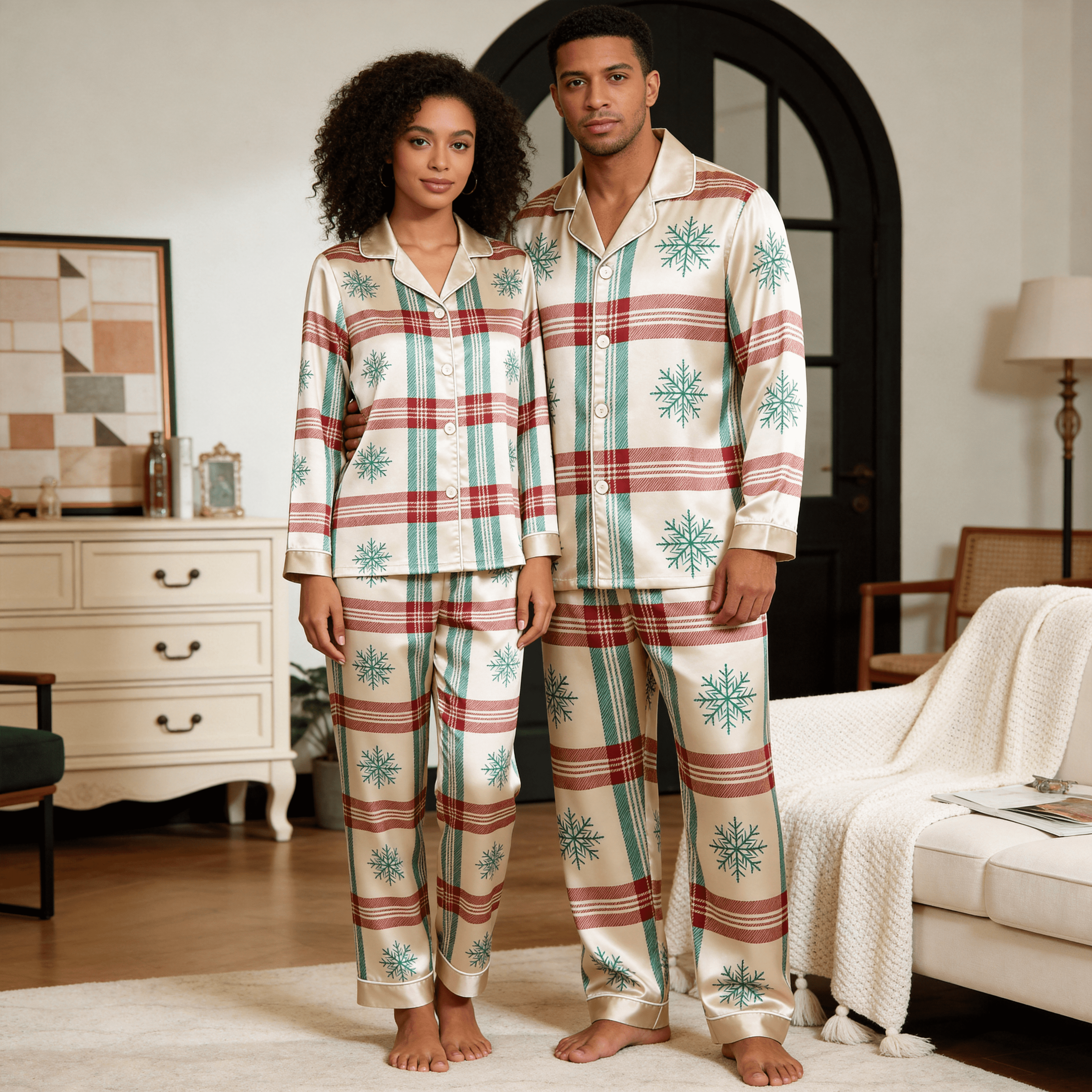 Snowflake Plaid Satin Matching Pajamas for Couples – Long Sleeve Button-Down Top & Pants Sleepwear Set