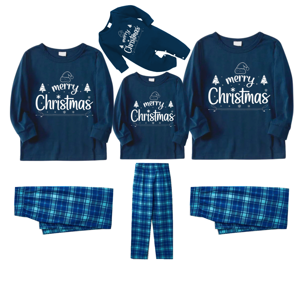 "Merry Christmas" White Letter 2026 Blue Long Sleeve Top With Blue Plaid Family Matching Pajamas