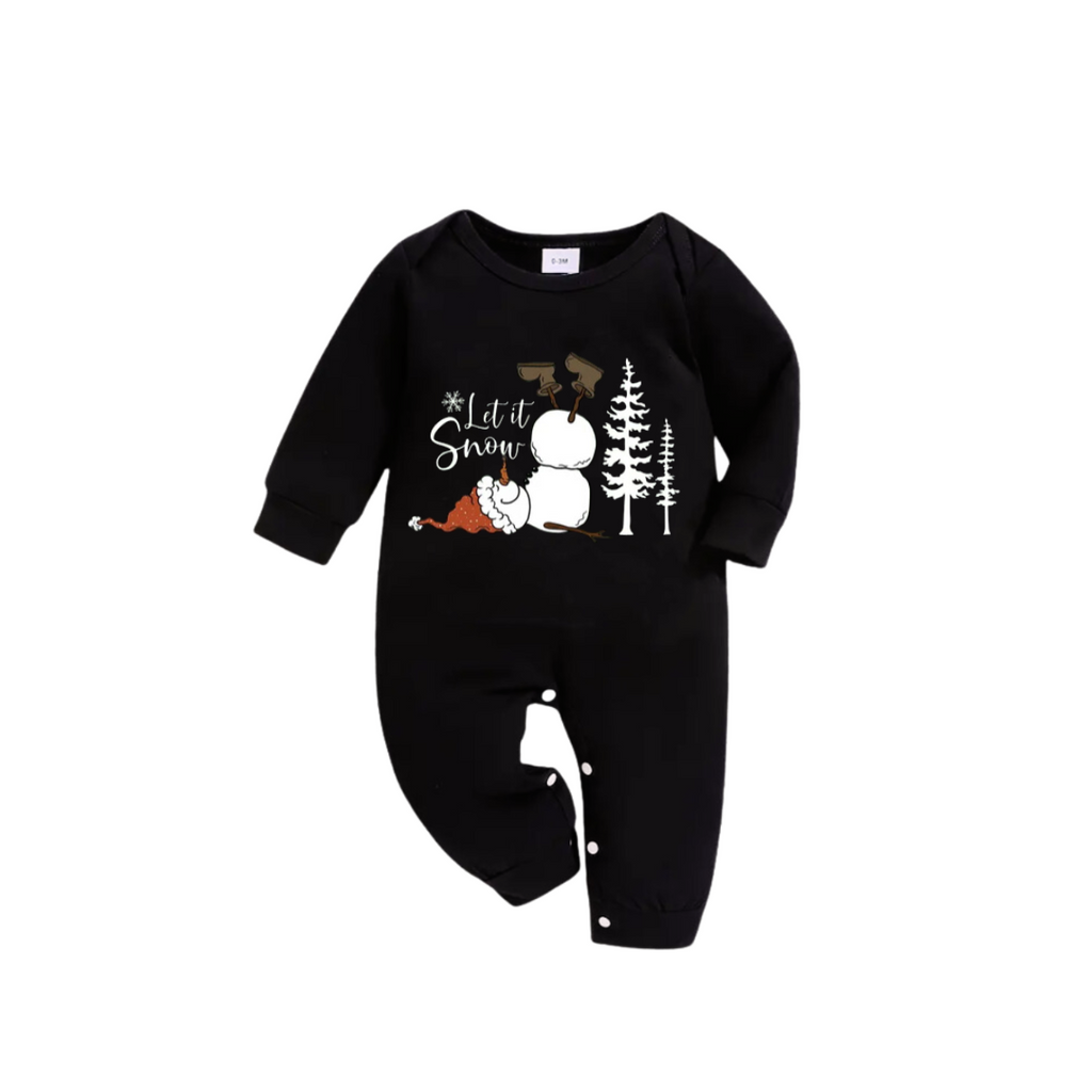 "Let it Snow" Snowman And Tree Pattern Black Long Sleeve Top