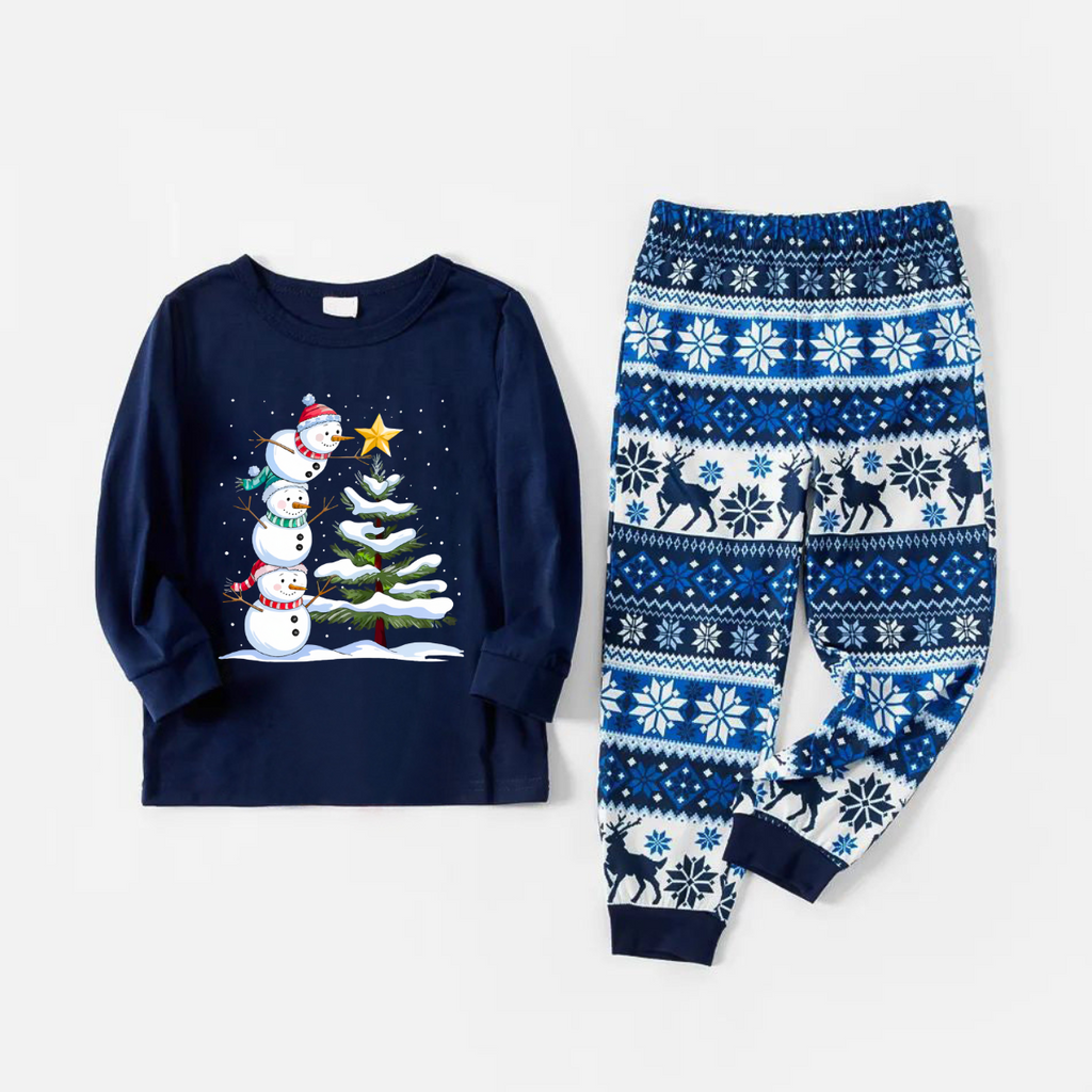 Joyful Blue Christmas Pajamas Set with Snowman & Christmas Tree Print