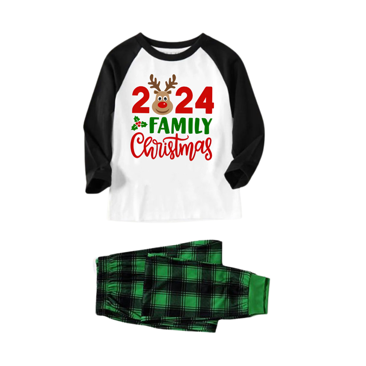 "2024 Family Christmas" and Deer Printed Green and Black Plaid Christmas Family Pajamas