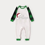 Christmas Hat and ‘Believe“ Letter Print Patterned Green Sleeve Contrast Tops and Black and Green Plaid Pants Family Matching Raglan Long-sleeve Pajamas Sets With Dog Bandana