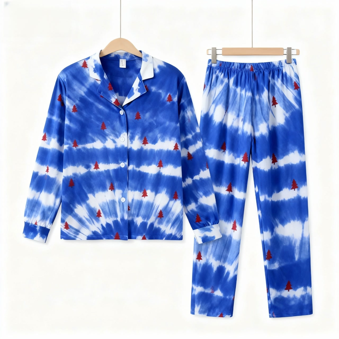 Holiday Couple Button-Up Blue & Tree Tie-dyed Christmas Pajamas Set
