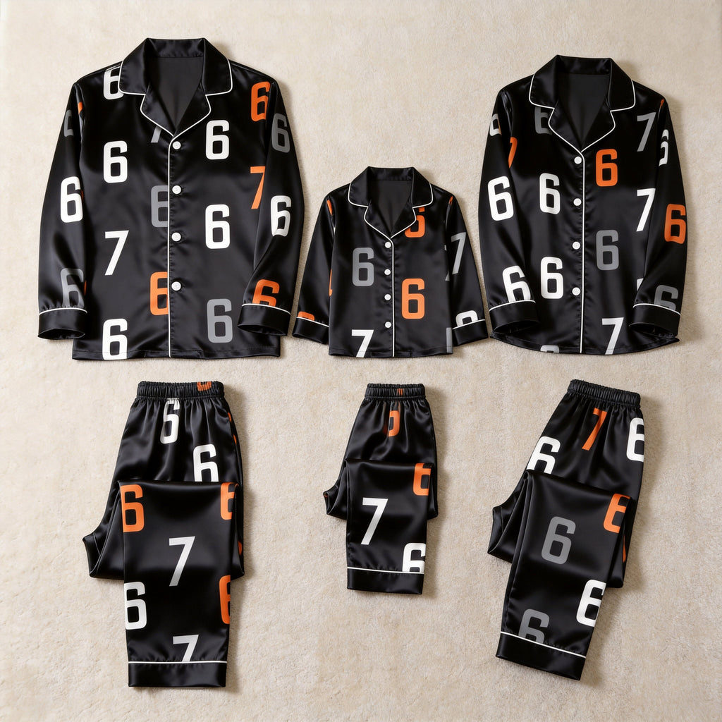 Minimalist Numbers Print Satin Button-Up Family Pajamas Set