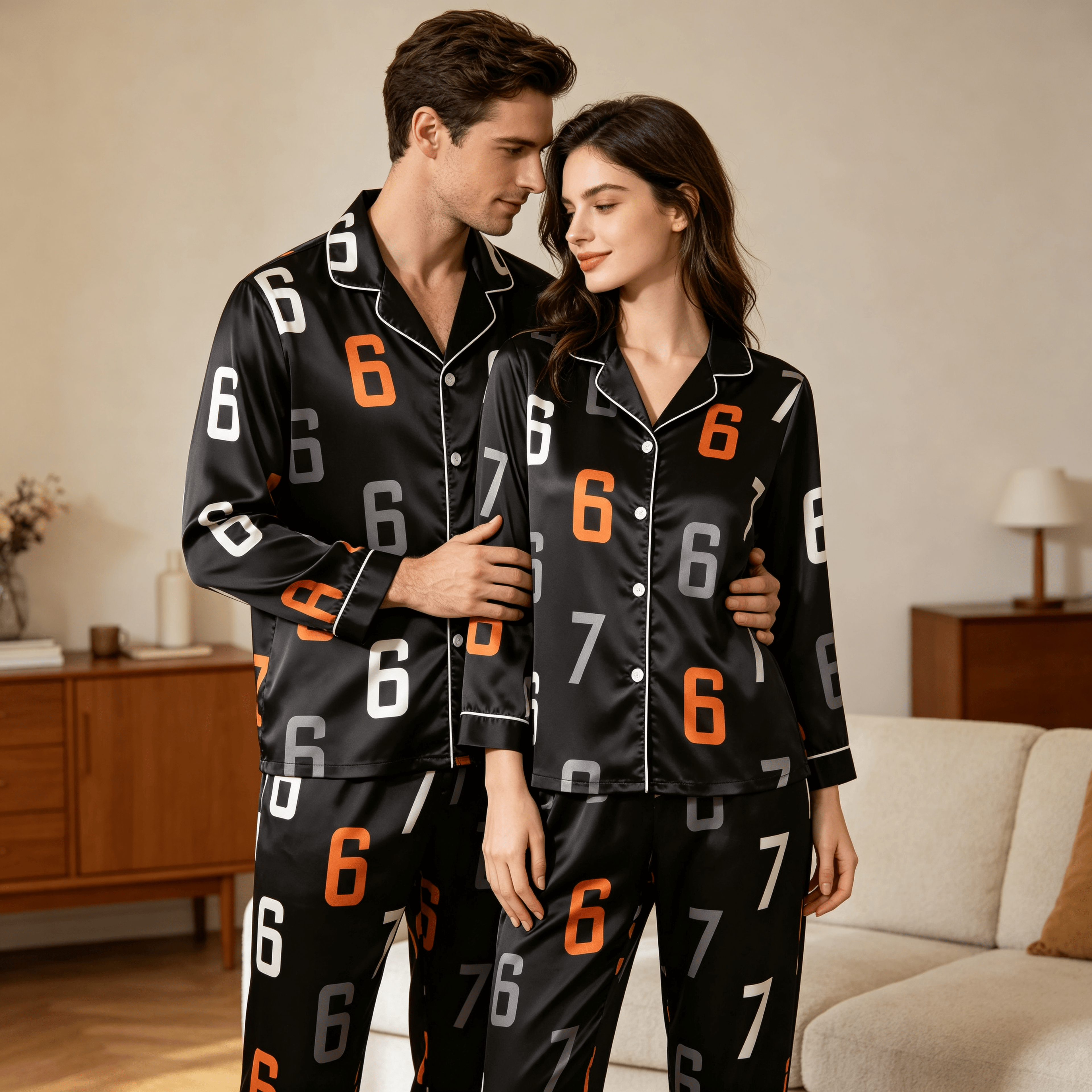 67 Number Print Satin Matching Pajamas for Couples ¨C Long Sleeve Button-Down Top & Pants Sleepwear Set
