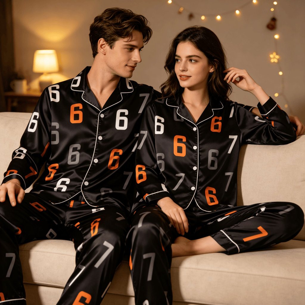 67 Number Print Satin Matching Pajamas for Couples ¨C Long Sleeve Button-Down Top & Pants Sleepwear Set